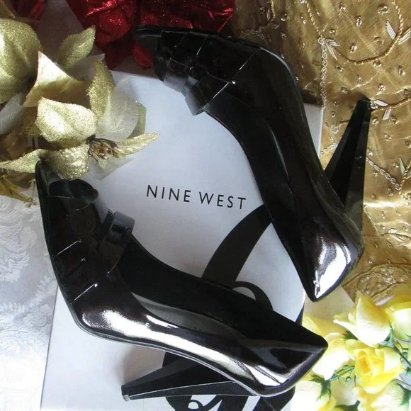 NINE WEST BLACK PATENT DOUBLE BAND PEEP-TOE HEELS – 7M - Picture 14 of 15